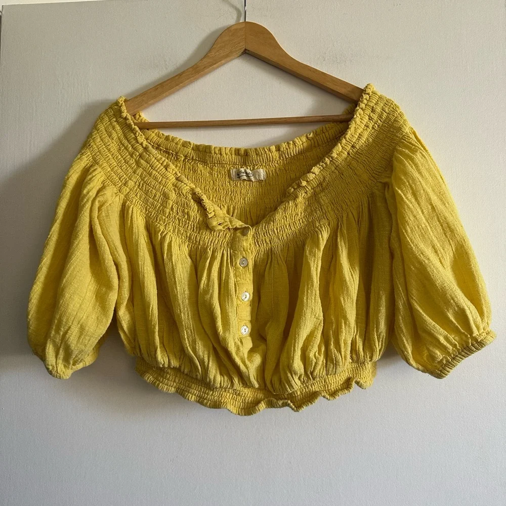 Free People We the Free Yellow Dancing Til Dawn Off Shoulder Smocked Top size M - Picture 6 of 9
